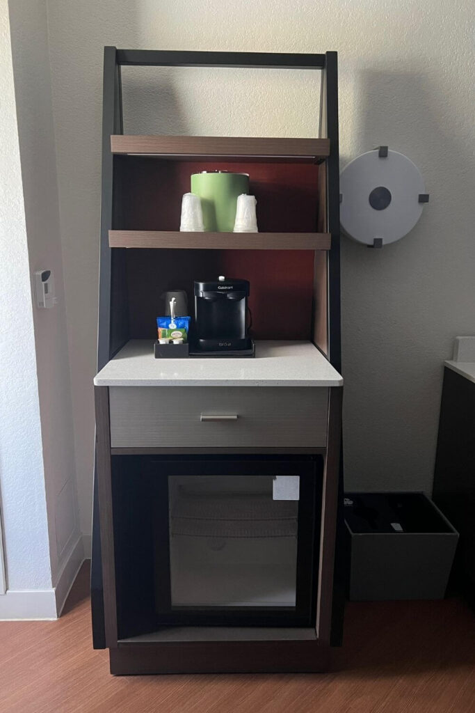 Photo of a typical beverage bar in a guest room at Disney's All-Star Sports Resort.