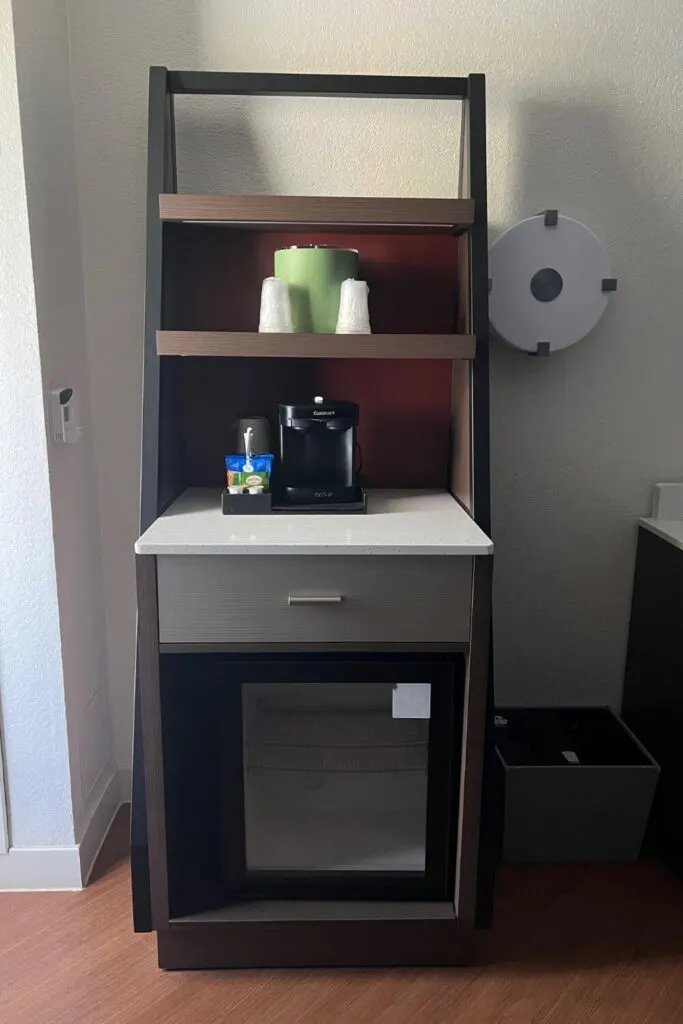 Photo of a typical beverage bar in a guest room at Disney's All-Star Sports Resort.