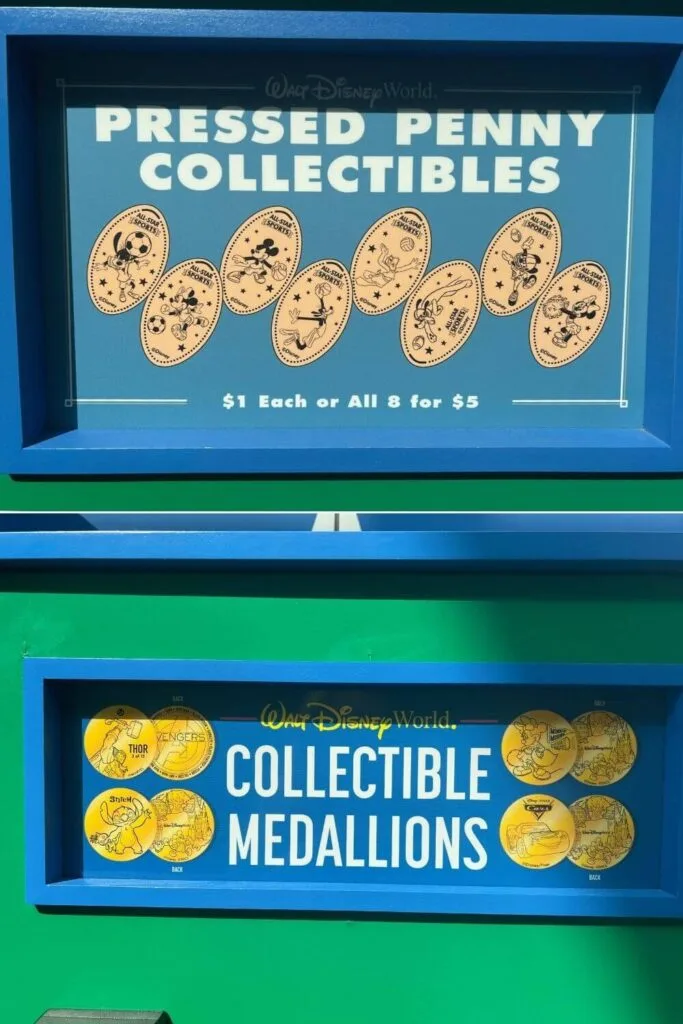 Photo collage showing the designs available for the pressed penny and medallion souvenirs at Disney's All-Star Sports Resort.
