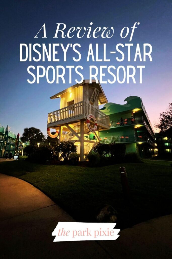 Photo of a stairwell designed like a beach lookout tower in the Surfs Up section at Disney's All-Star Sports Resort. Text overlay reads: A Review of Disney's All-Star Sports Resort.