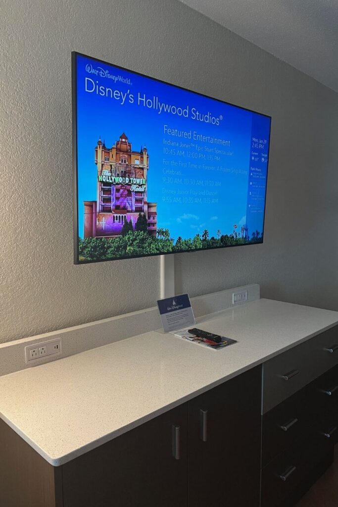 Photo of a typical flat-screen tv and dresser in a guest room at Disney's All-Star Sports Resort.