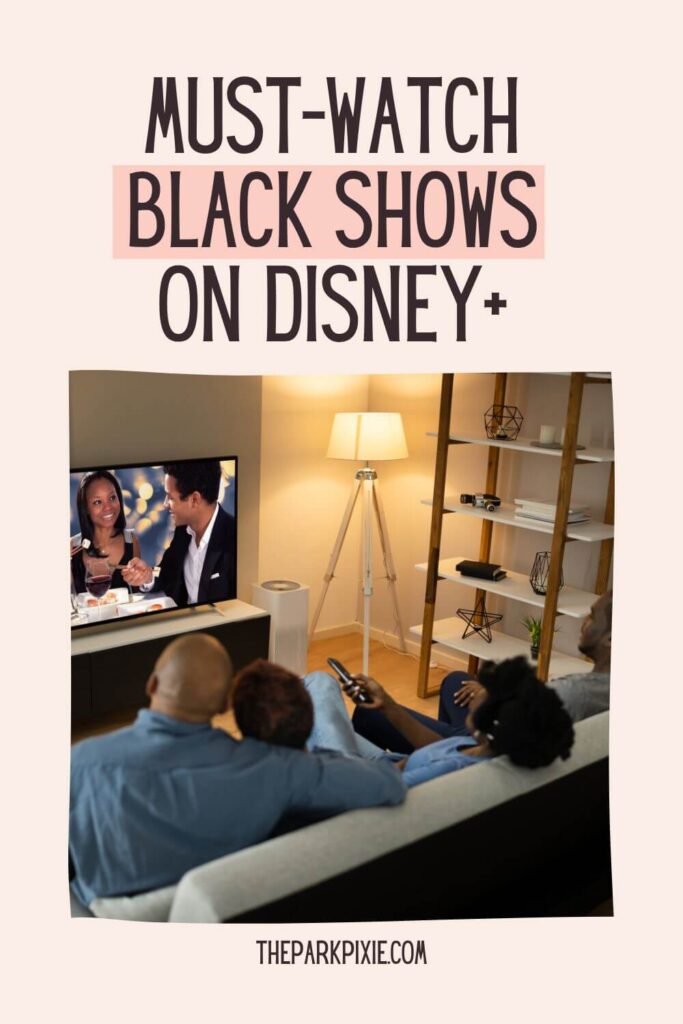 Custom graphic with a photo of a Black family sitting on a couch together, watching television.