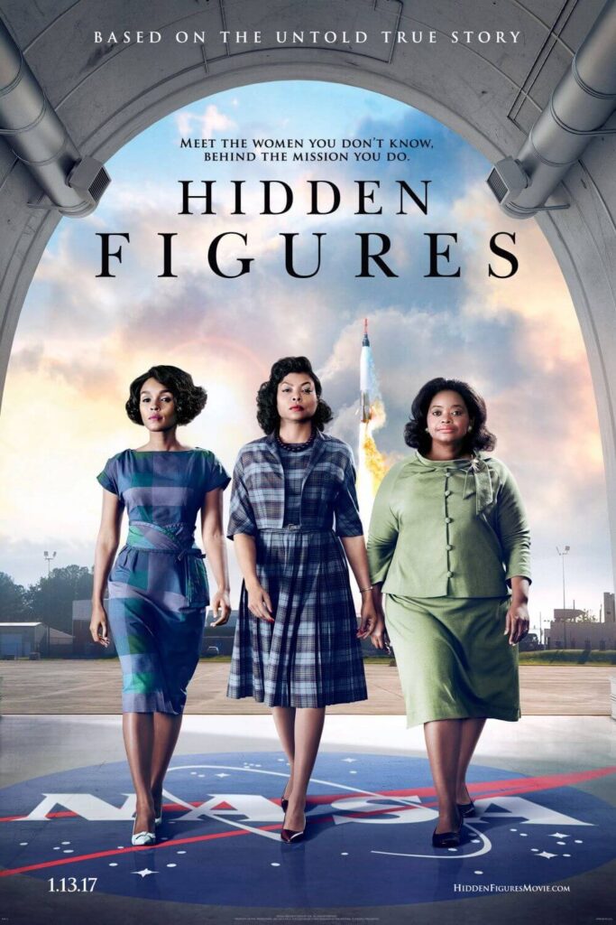 Promotional poster for the movie Hidden Figures, featuring Janelle Monae, Taraji P. Henson, and Octavia Spencer.