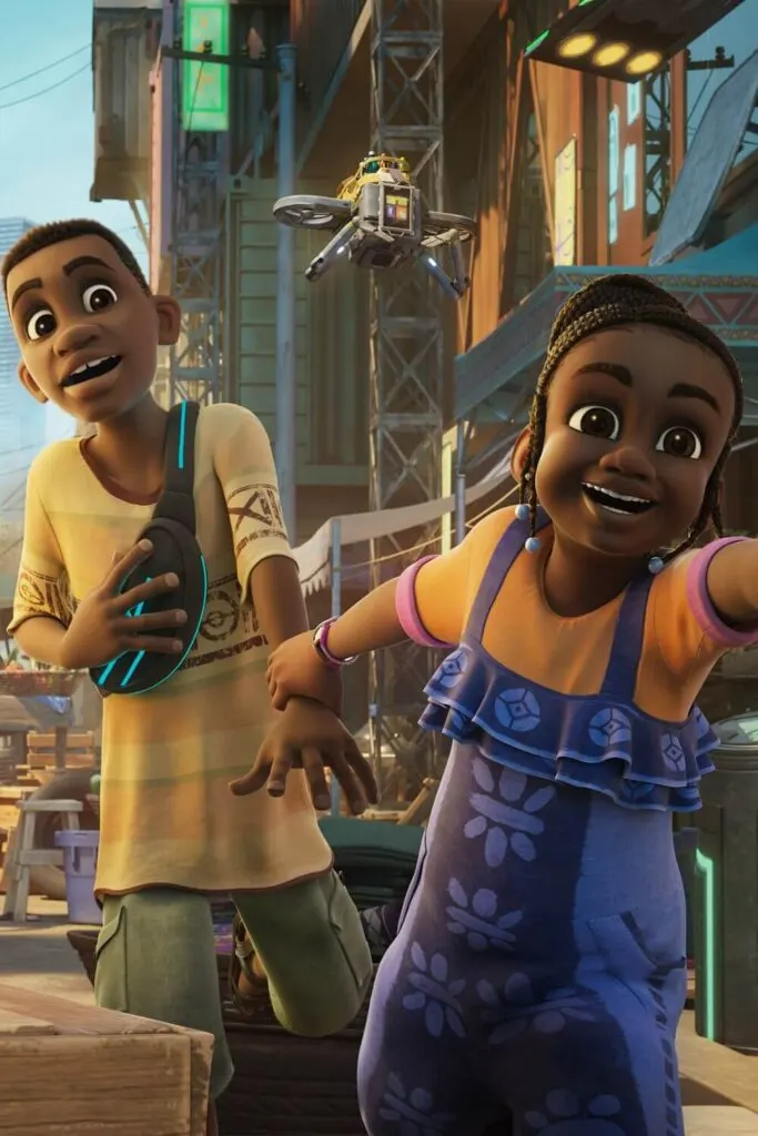 Photo still from the Disney series, Iwájú, featuring the two main characters (L-R), Kole and Tola.