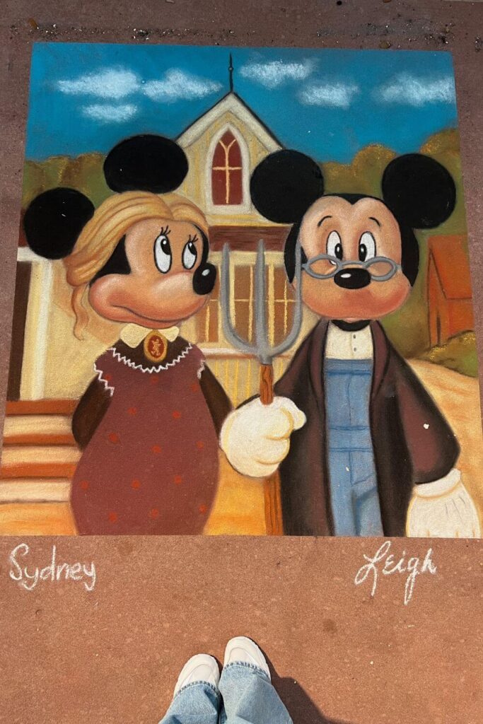 Photo of Minnie and Mickey Mouse version of the classic painting American Gothic by Grant Wood.