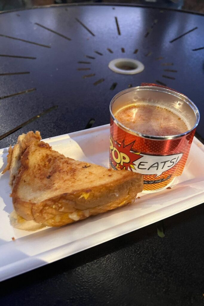 Photo of the grilled cheese and tomato soup plate from Pop Arts food studio at the Epcot Festival of the Arts.