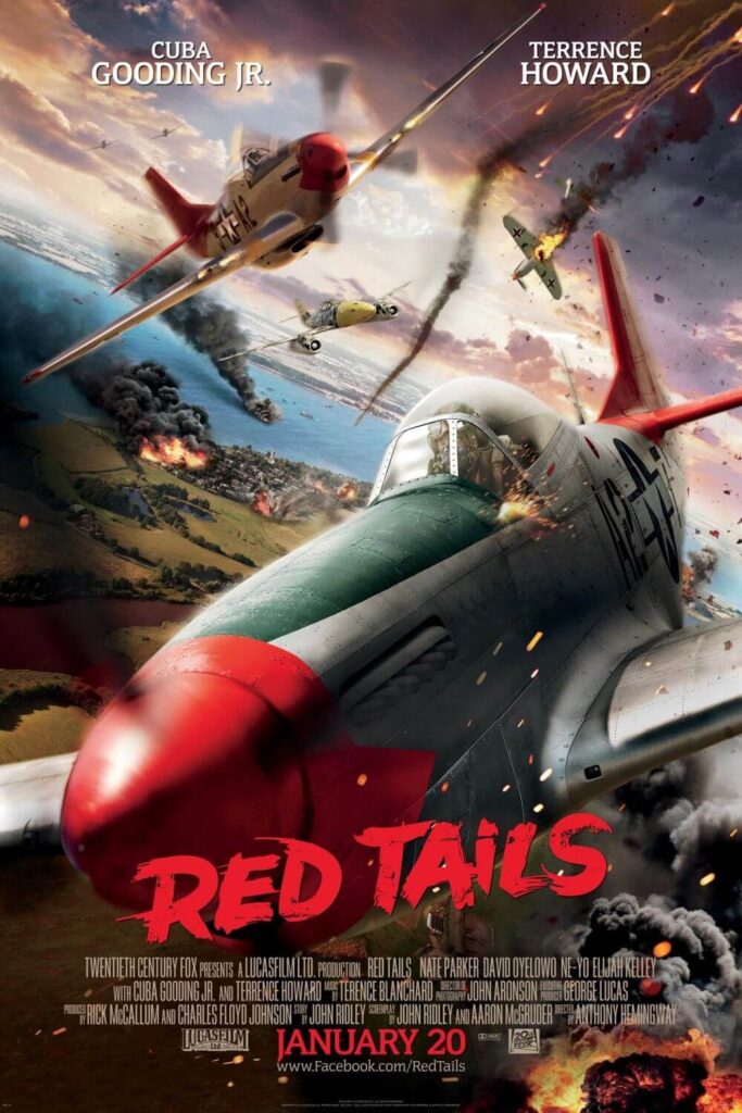 Promotional poster for the historical movie about the Tuskegee Airmen, Red Tails. There are World War II era plane in the sky, with flames and smoke all around.