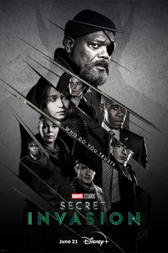 Promotional photo for the Marvel show, Secret Invasion, featuring Samuel L. Jackson as Nick Fury, and other cast members surrounding him. Text in the middle reads: Who do you trust?