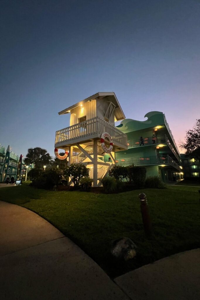 Photo of a stairwell designed like a beach lookout tower in the Surfs Up section at Disney's All-Star Sports Resort.