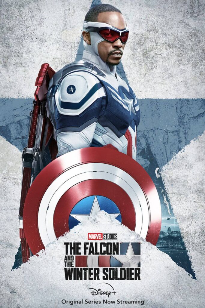 Promotional poster for the Marvel limited series, The Falcon and the Winter Solider, featuring Anthony Mackie as The Falcon/Captain America.