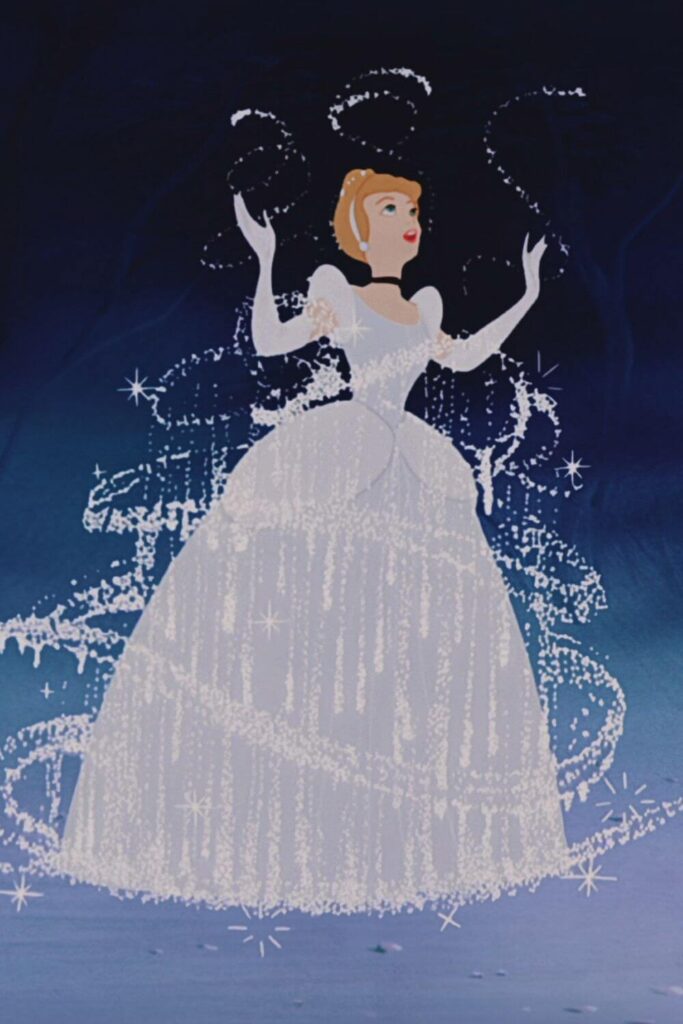 Photo from the animated version of Cinderella as her rags transform into a beautiful ball gown.