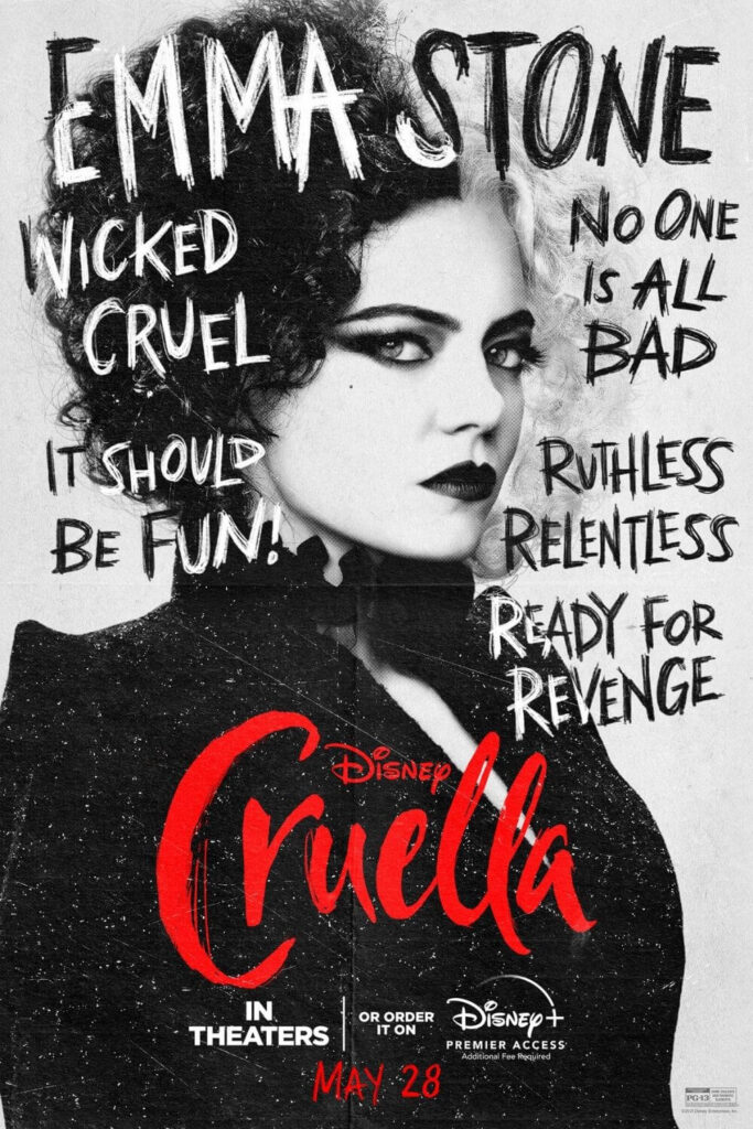Promotional poster for Cruella, with a closeup black and white photo of Emma Stone as the titular character.