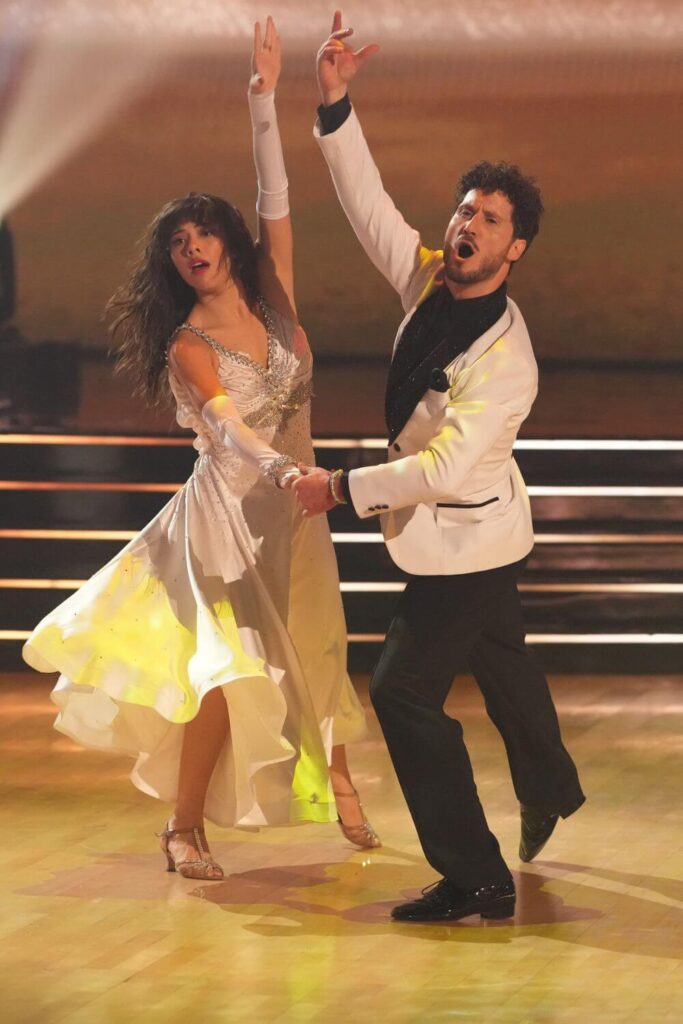 Xochitl Gomez and Val Chmerkovsky perform during Taylor Swift night on Dancing with the Stars.