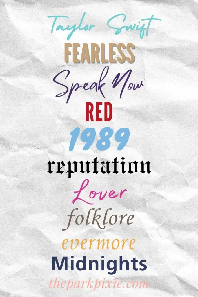 Custom graphic with a crumpled paper background and vertical list of the names of Taylor Swift's 10 studio albums. From top to bottom: Taylor Swift, Fearless, Speak Now, Red, 1989, reputation, Lover, folklore, evermore, and Midnights.
