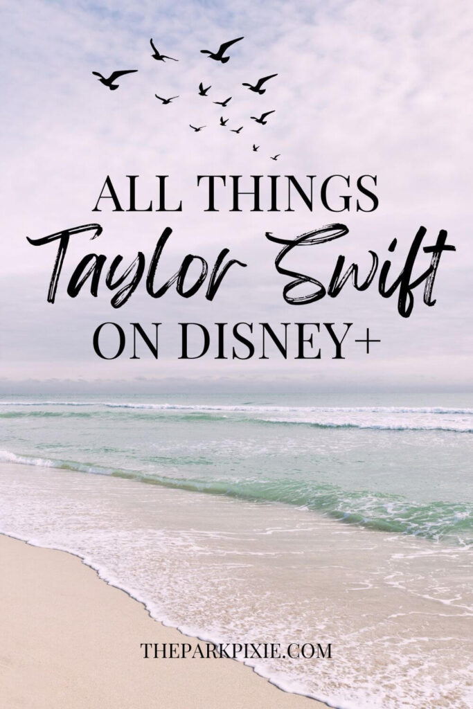 Custom graphic with a photo of a beach and seagulls flying in the air. Text below the birds reads: All Things Taylor Swift on Disney+.