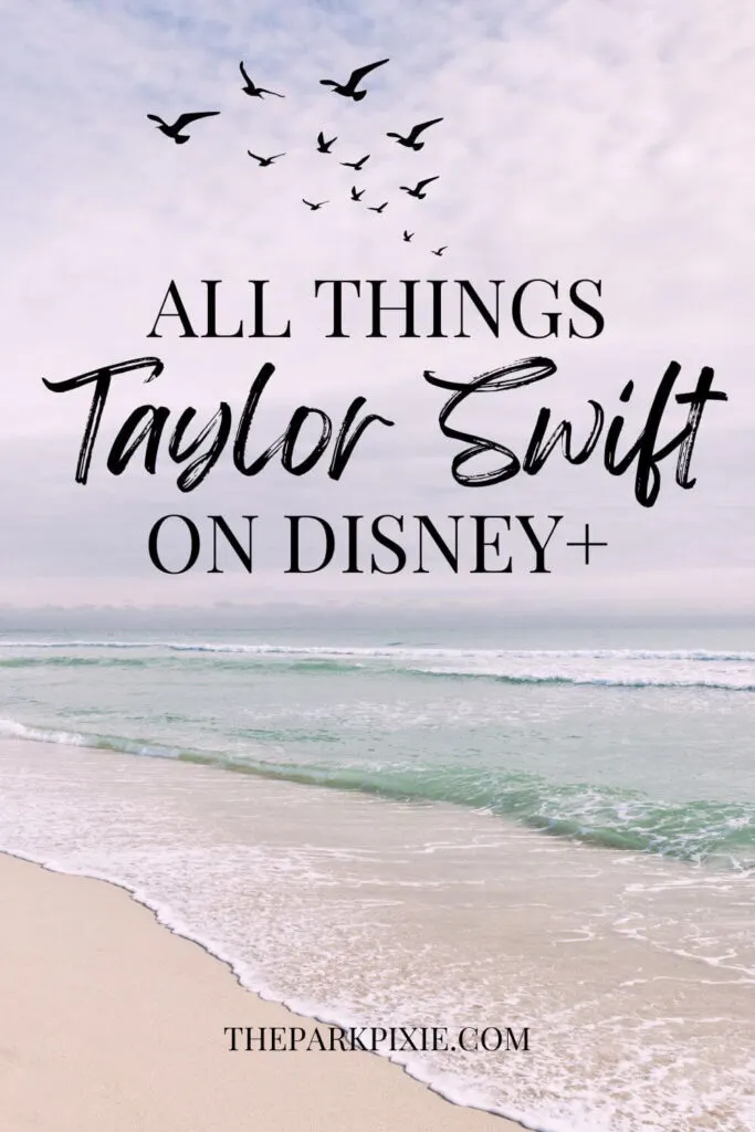 Custom graphic with a photo of a beach and seagulls flying in the air. Text below the birds reads: All Things Taylor Swift on Disney+.