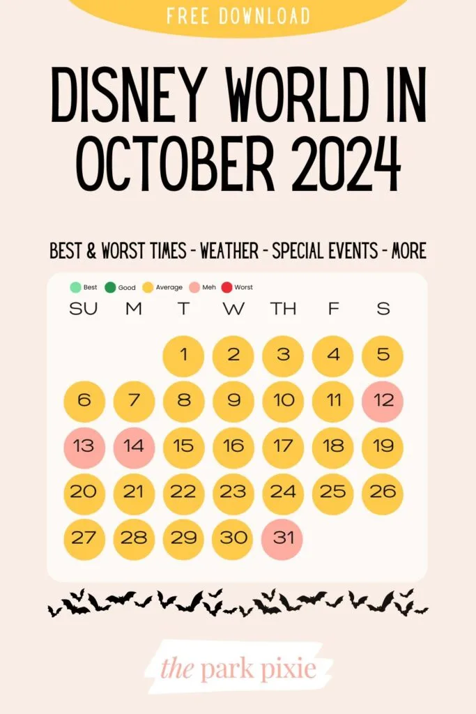 Custom graphic with a color-coded calendar for the month of October. Text at the top reads: free download. Below it reads: Disney World in October 2024.