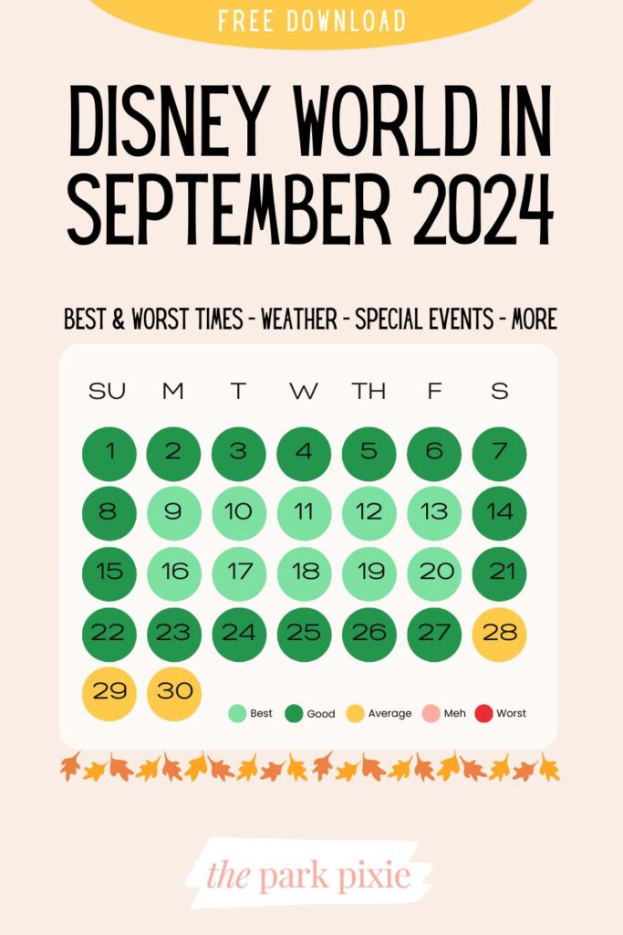 Custom graphic with a color-coded calendar for the month of September. Text at the top reads: free download. Below it reads: Disney World in September 2024.