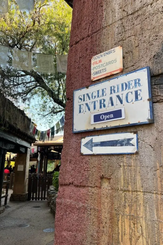 Photo of the Single Rider Entrance sign for Animal Kingdom's Expedition Everest ride.