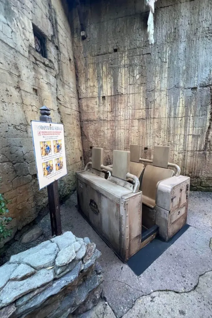 Photo of test seats near the single rider line for the Expedition Everest ride at Disney's Animal Kingdom.