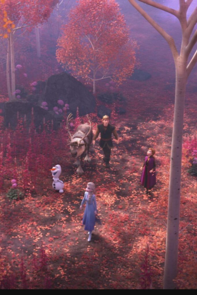 Still from Frozen II, with Anna, Elsa, Olaf, Kristoff, and Sven in a forest.