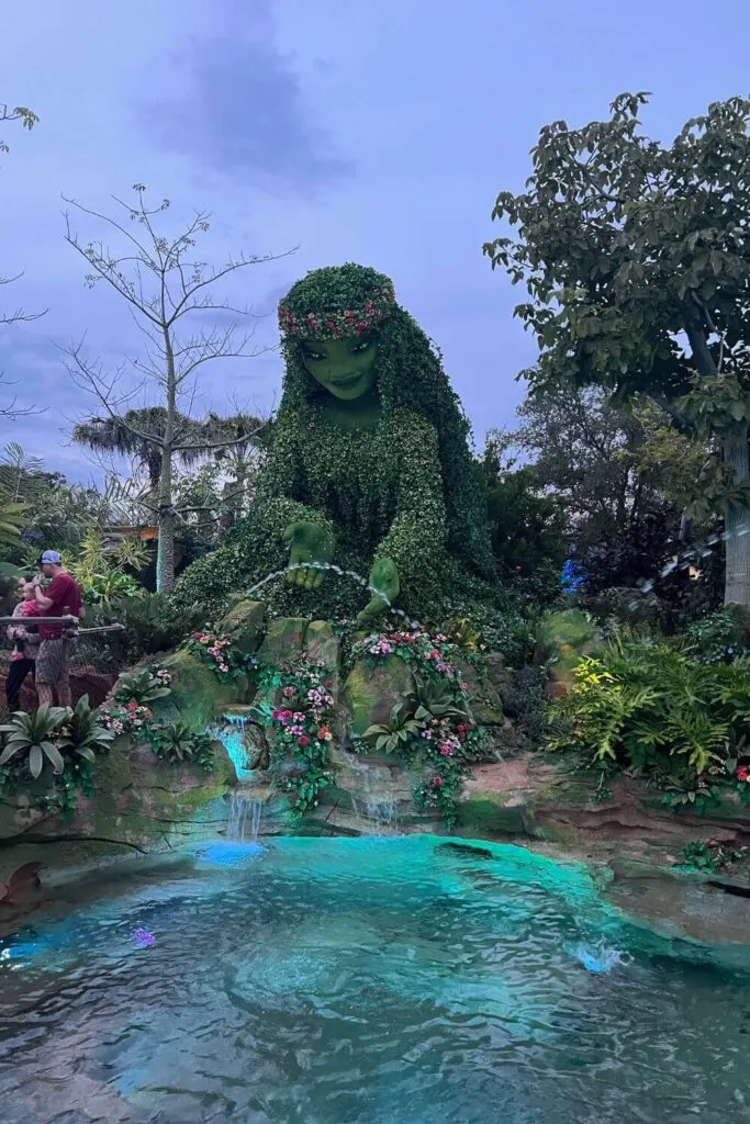 Photo of Te Fiti overlooking a pond at Epcot's Journey of Water trail.