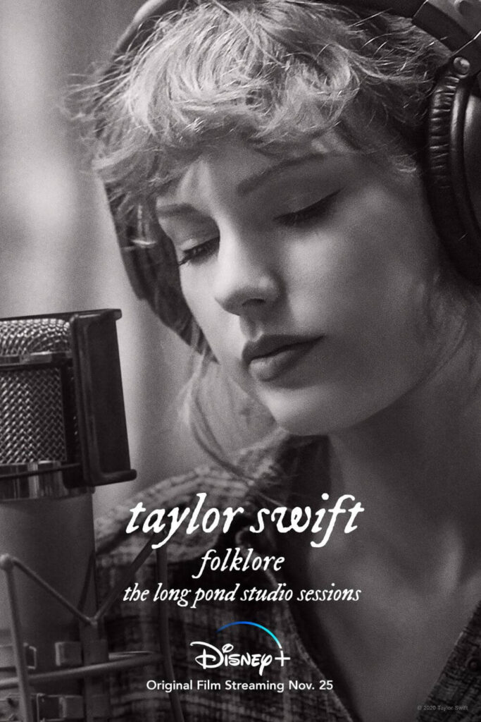 Promotional poster for Taylor Swift - Folklore: The Long Pond Studio Sessions with a closeup photo of Swift in black & white.