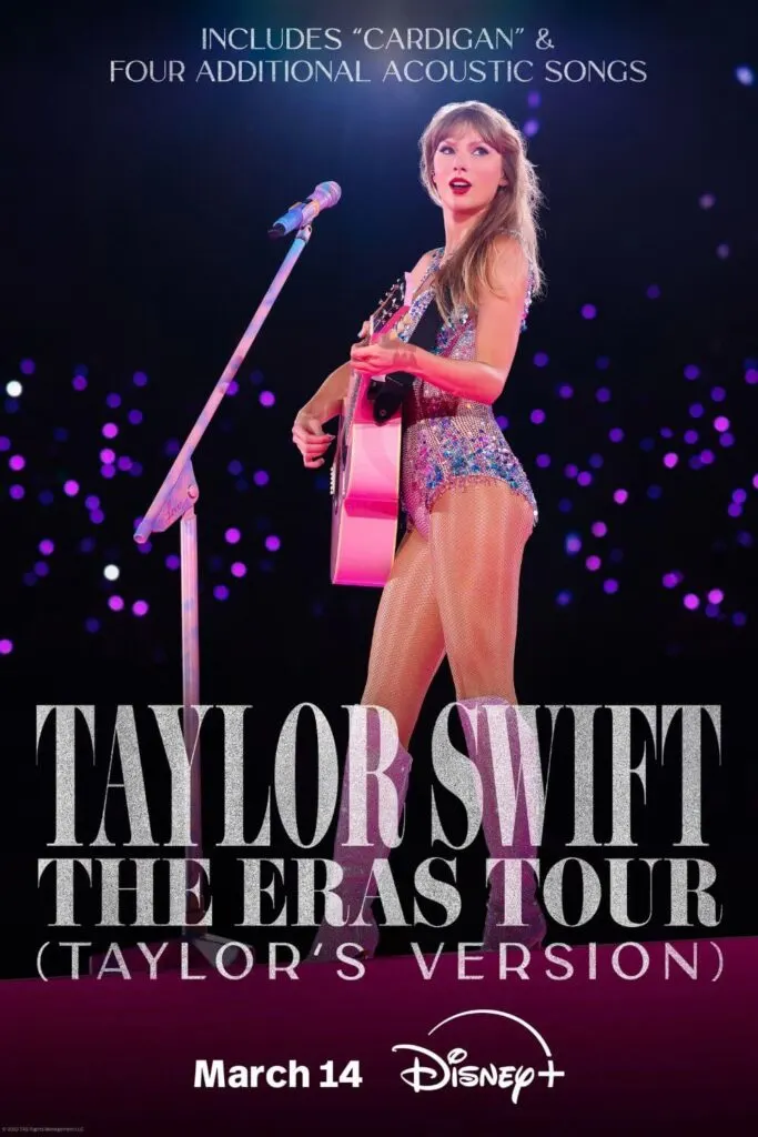 Promotional poster for Taylor Swift: The Eras Tour (Taylor's Version) featuring Taylor Swift in a bejeweled leotard and pink guitar.
