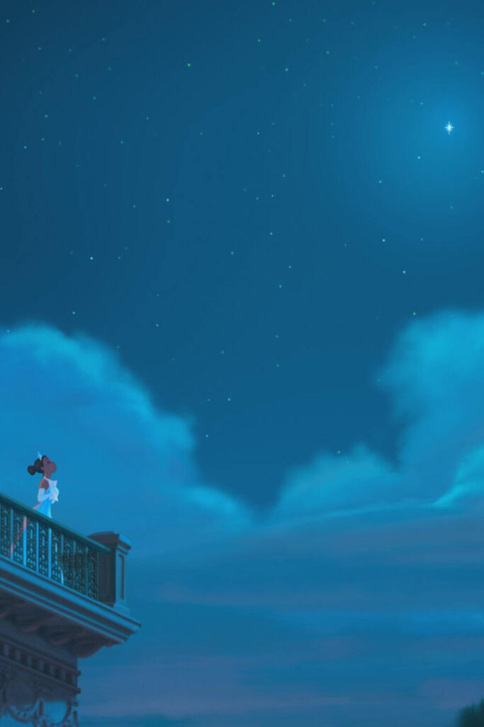 Photo of Tiana as a princess, standing on a balcony at night, looking out at a brightly shining star in the sky.