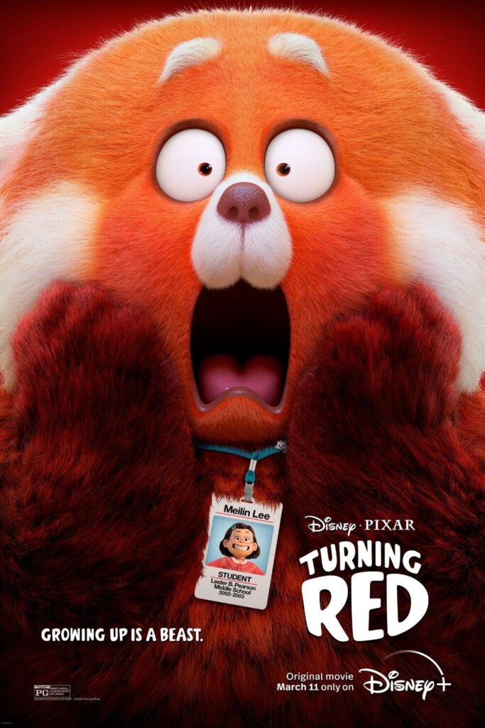 Promotional poster for the Disney & Pixar animated film, Turning Red, featuring a closeup of Mei-Ling as a red panda with a shocked expression on her face.