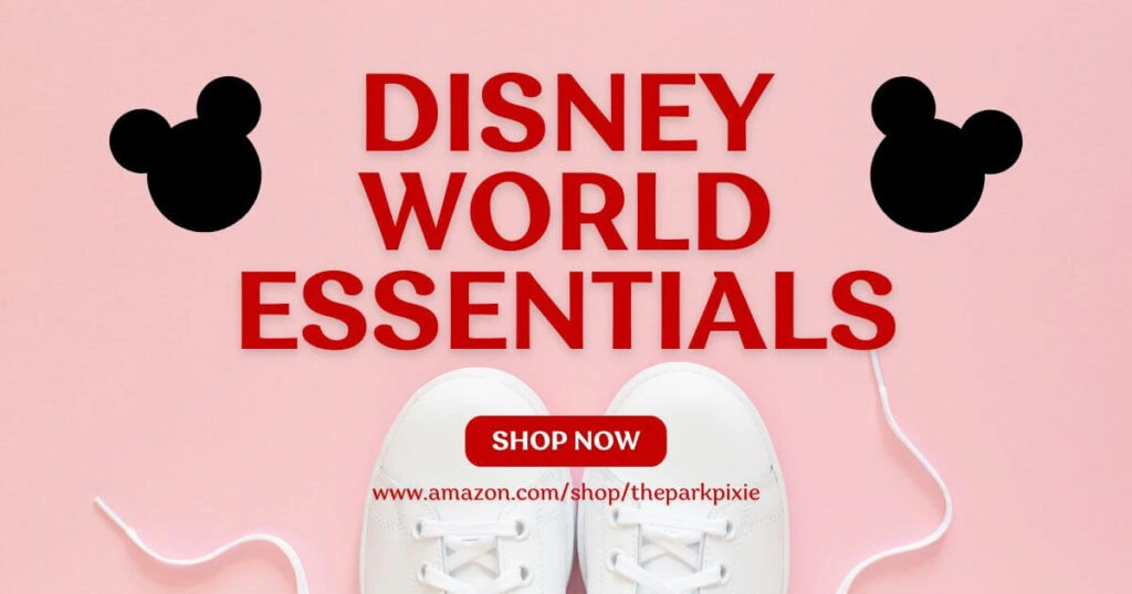 Graphic with a pink background and white sneakers peeking from the bottom. Text in the middle has Mickey Mouse heads on the left and right. The text reads: Disney World Essentials - Shop Now.