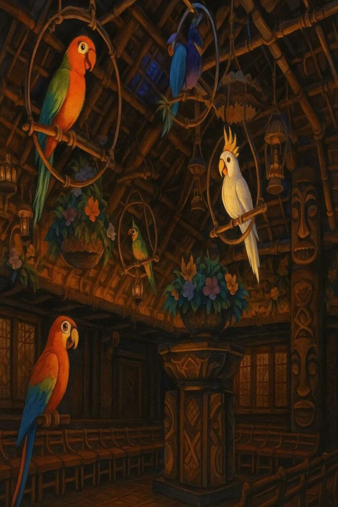 Illustration of tropical birds on perches inside a tiki-style building, like the Enchanted Tiki Room at Disney World's Magic Kingdom.