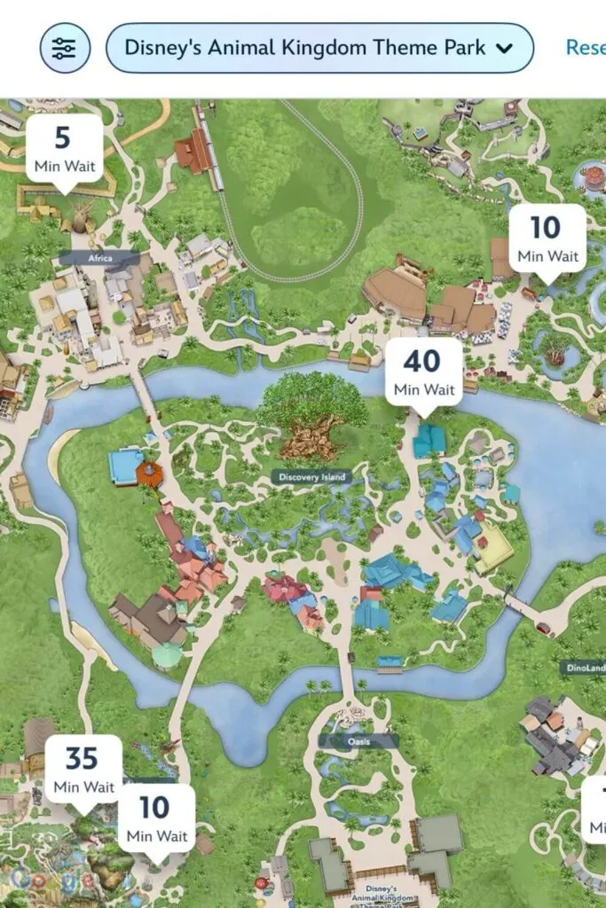 Screenshot of a map of Disney's Animal Kingdom showing wait times for several attractions.