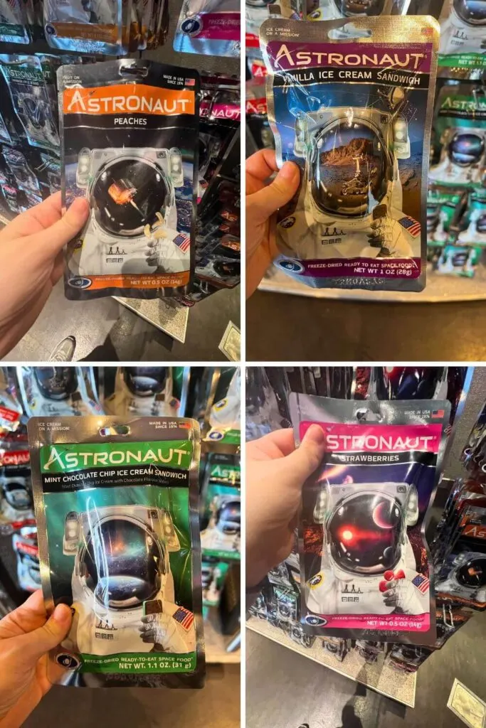 Photo collage with a grid of 4 photos of astronaut snacks. Clockwise, L-R: Peaches, Vanilla Ice Cream Sandwich, Strawberries, and Mint Chocolate Chip Ice Cream Sandwich.