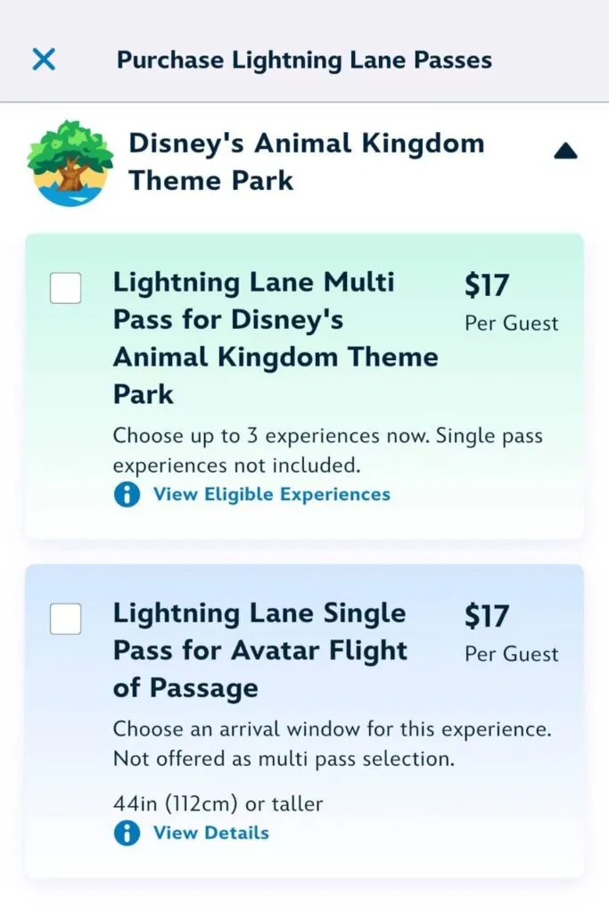 Screenshoot of the purchase page for Lightning Lane Multi Pass and Single Pass for Disney's Animal Kingdom.
