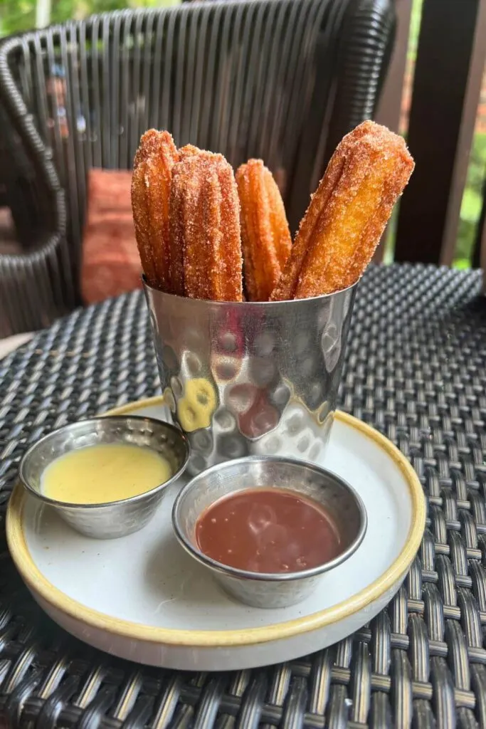 Photo of the freshly made churros from Nomad Lounge, with a cup of vanilla custard sauce and another cup of chocolate sauce.