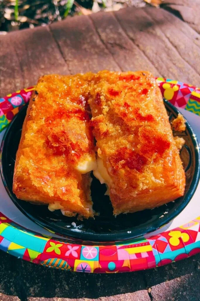 Close up of the creme brulee croissant from Gaston's Tavern, cut in half.