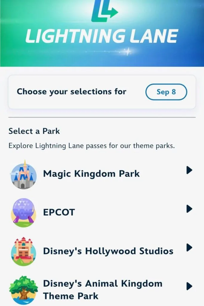 Screenshot of the park selection page for Lightning Lane passes at Disney World.