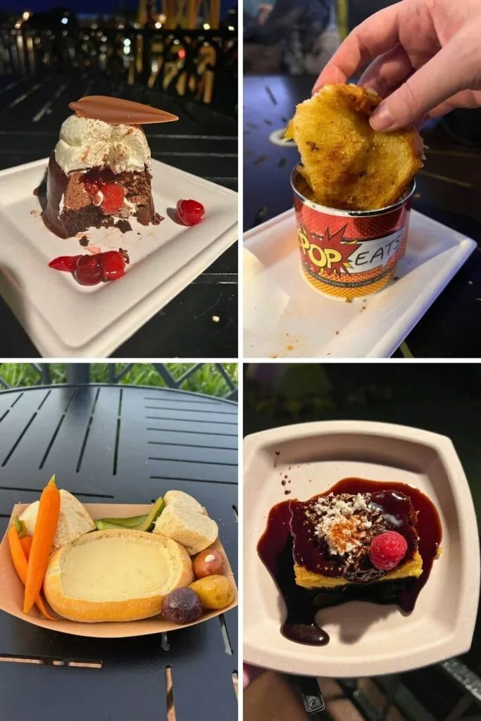 Photo collage with a grid of 4 photos of snacks from Epcot festivals. Clockwise, L-R: black forest cake, grilled cheese and tomato soup, pan de elote, and cheese fondue with veggies and bread.
