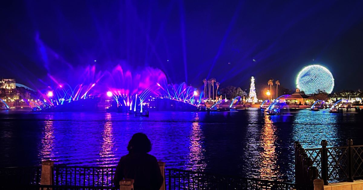 Photo of Spaceship Earth from across the lake during Luminous: The Symphony of Us.