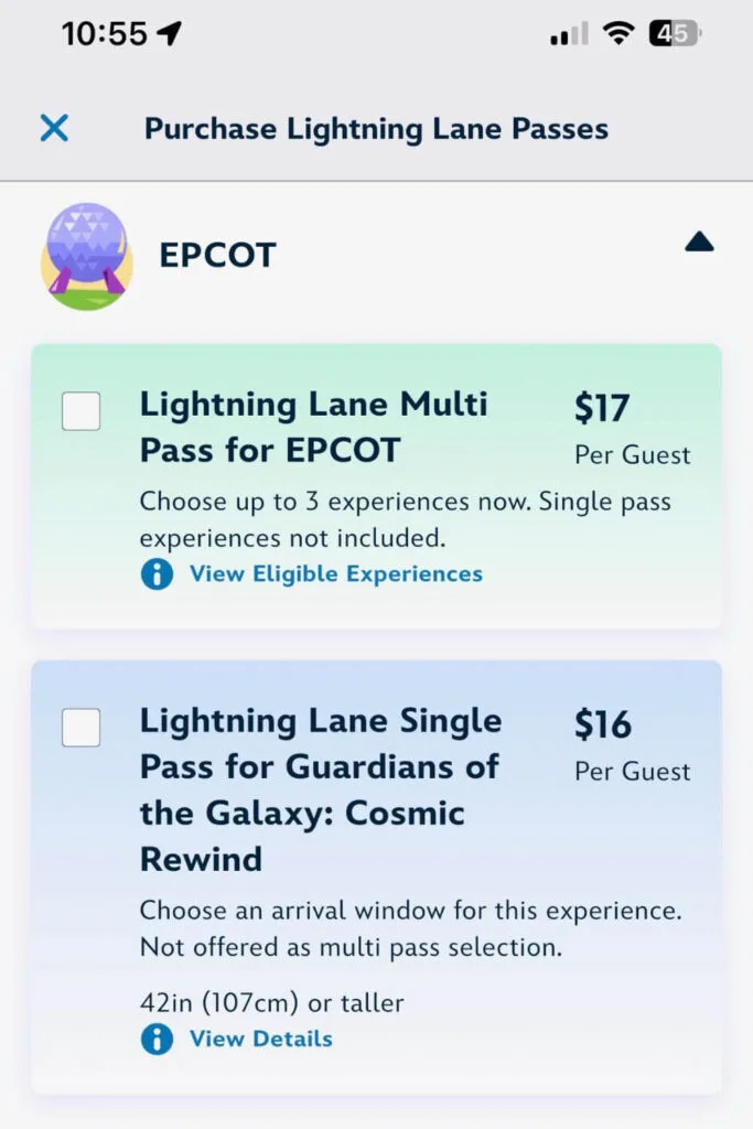 Screenshot of the Lightning Lane Pass purchase page for Epcot.