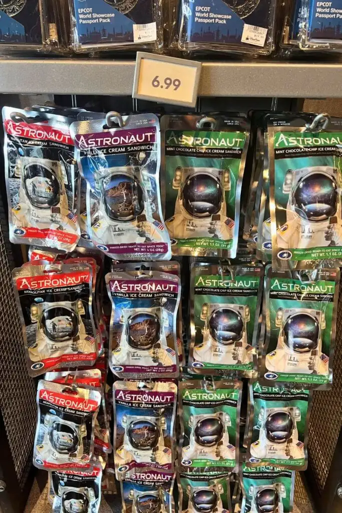 Photo of a rack of astronaut snacks for sale in the Mission: Space gift shop at Epcot.