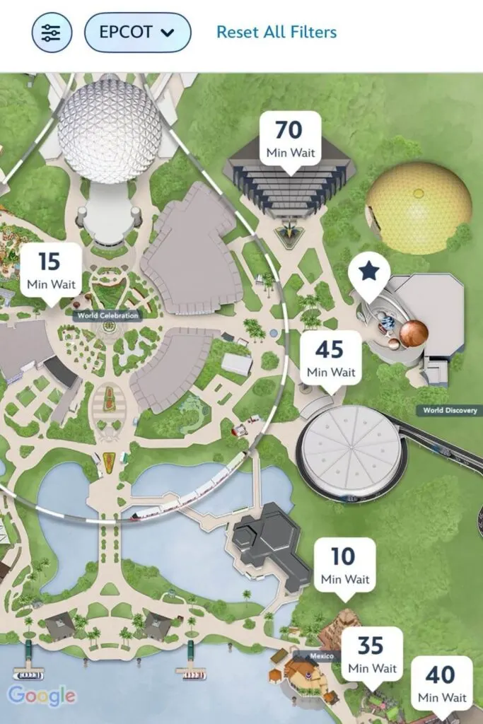 Screenshot of a map of Epcot at Disney World with wait times showing for World Celebration, World Discovery, and Mexico.