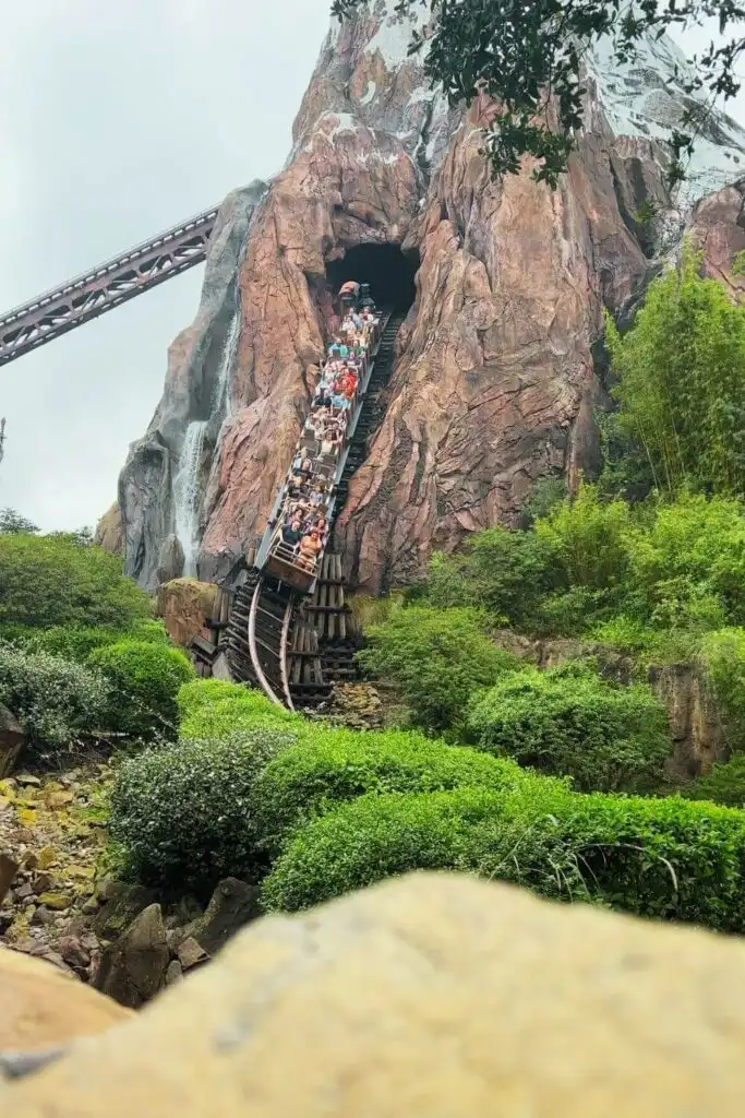 Photo of Expedition Everest roller coaster on a gray day with a train rushing down one of the big hills.