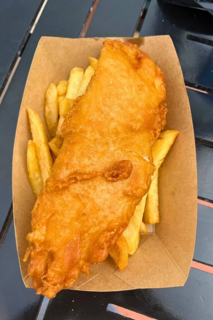 Photo of a basket of fish and chips from the UK pavilion at Epcot.
