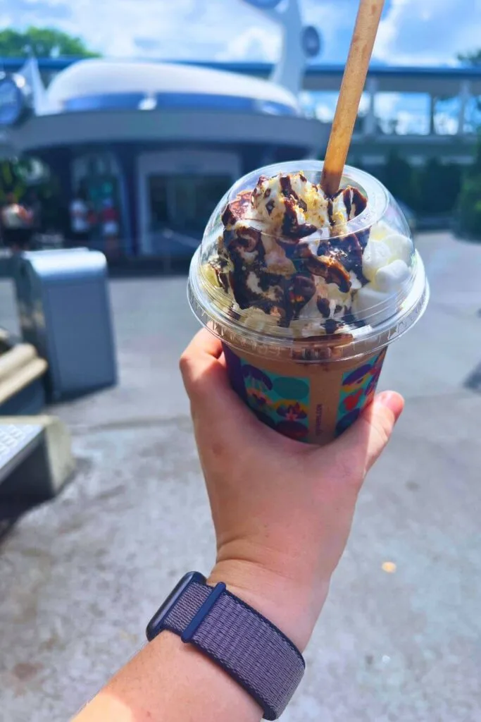 Closeup of the frozen Mission to 'Smores Latte from Joffrey's in Magic Kingdom's Tomorrowland.