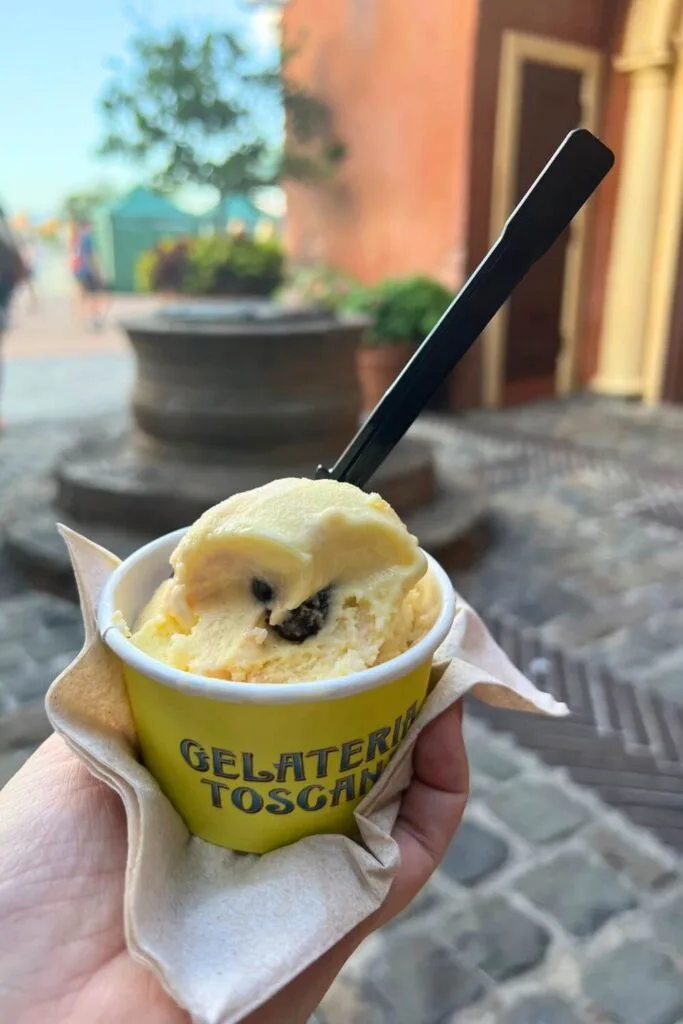 Photo of a cup of cherry gelato from Gelateria Toscana in Epcot's Italy pavilion.
