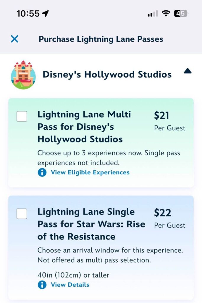 Screenshot for the Hollywood Studios Lightning Lane Multi Pass and Single Pass purchase page.