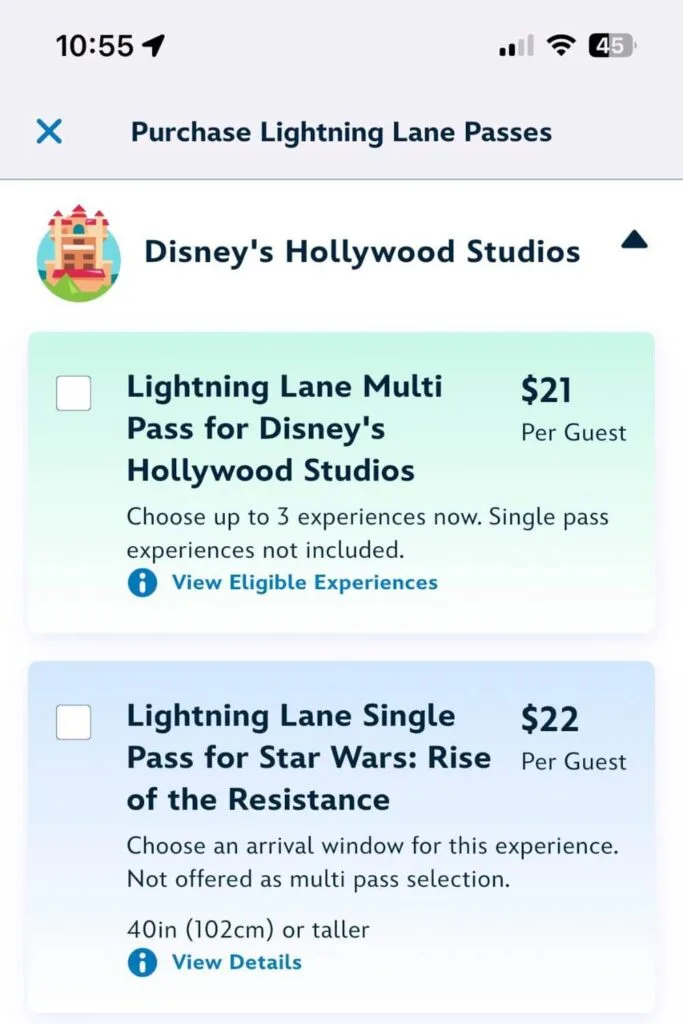 Screenshot for the Hollywood Studios Lightning Lane Multi Pass and Single Pass purchase page.