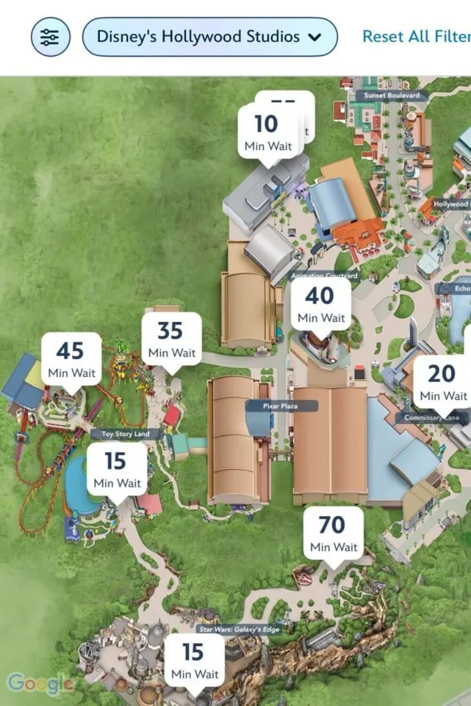 Screenshot of a map of Hollywood Studios with wait times displaying for half the park.